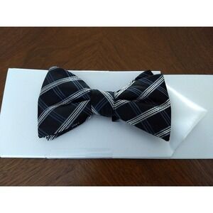 ALFANI SPECTRUM Men's‎ Bow Tie & Pocket Square Black w/ Gray White Stripes NEW